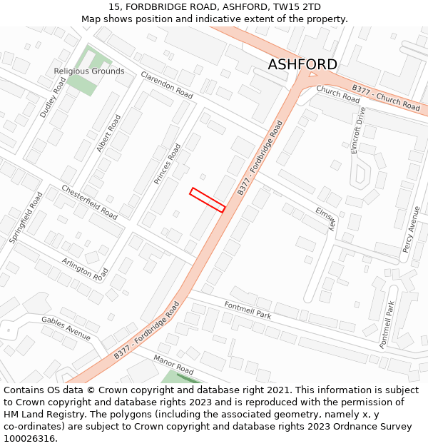 15, FORDBRIDGE ROAD, ASHFORD, TW15 2TD: Location map and indicative extent of plot