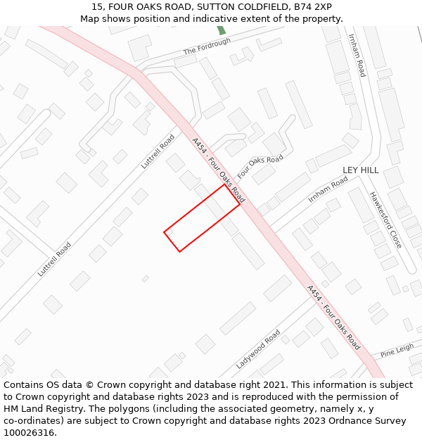 15, FOUR OAKS ROAD, SUTTON COLDFIELD, B74 2XP: Location map and indicative extent of plot