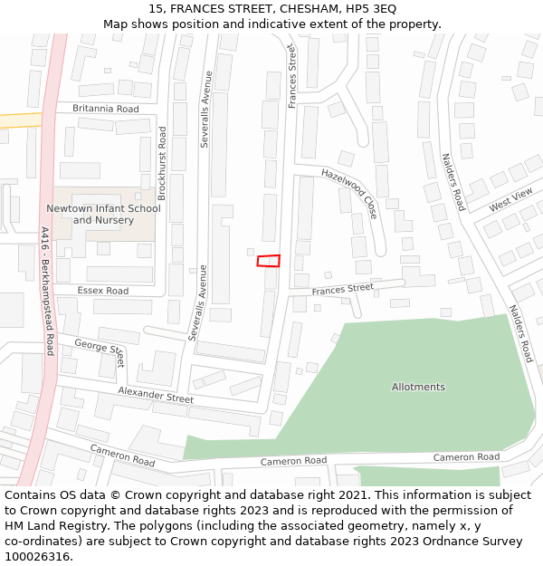 15, FRANCES STREET, CHESHAM, HP5 3EQ: Location map and indicative extent of plot