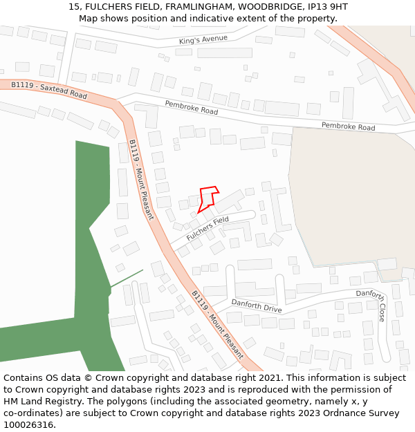 15, FULCHERS FIELD, FRAMLINGHAM, WOODBRIDGE, IP13 9HT: Location map and indicative extent of plot