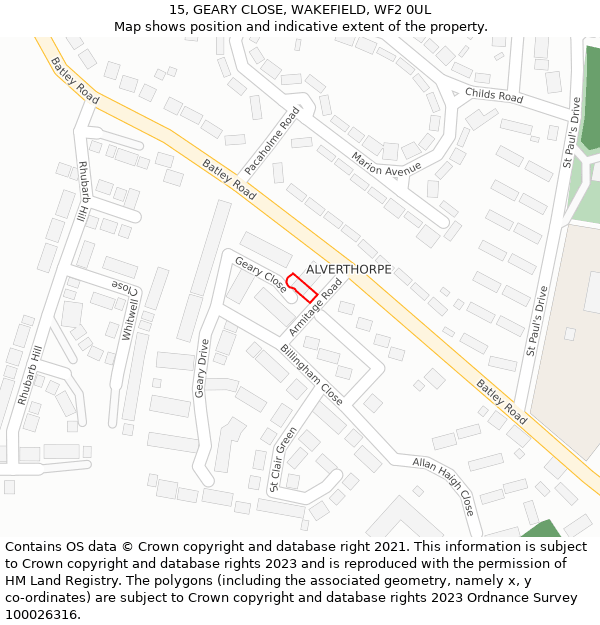 15, GEARY CLOSE, WAKEFIELD, WF2 0UL: Location map and indicative extent of plot