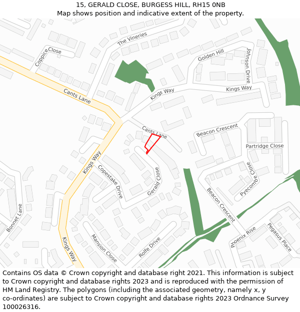 15, GERALD CLOSE, BURGESS HILL, RH15 0NB: Location map and indicative extent of plot