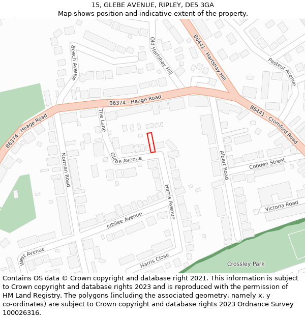 15, GLEBE AVENUE, RIPLEY, DE5 3GA: Location map and indicative extent of plot