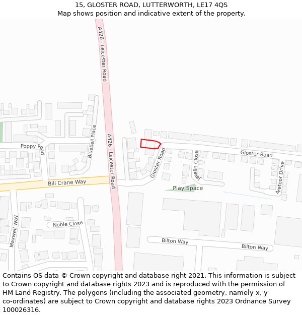 15, GLOSTER ROAD, LUTTERWORTH, LE17 4QS: Location map and indicative extent of plot