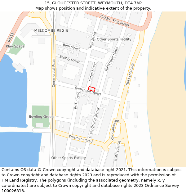 15, GLOUCESTER STREET, WEYMOUTH, DT4 7AP: Location map and indicative extent of plot