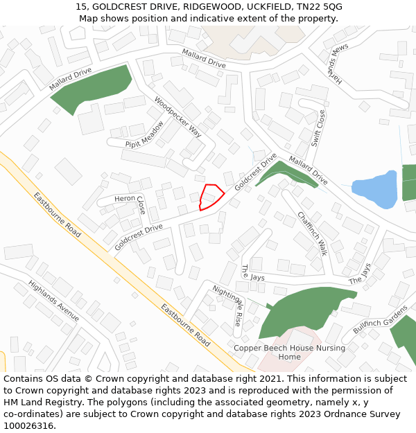 15, GOLDCREST DRIVE, RIDGEWOOD, UCKFIELD, TN22 5QG: Location map and indicative extent of plot