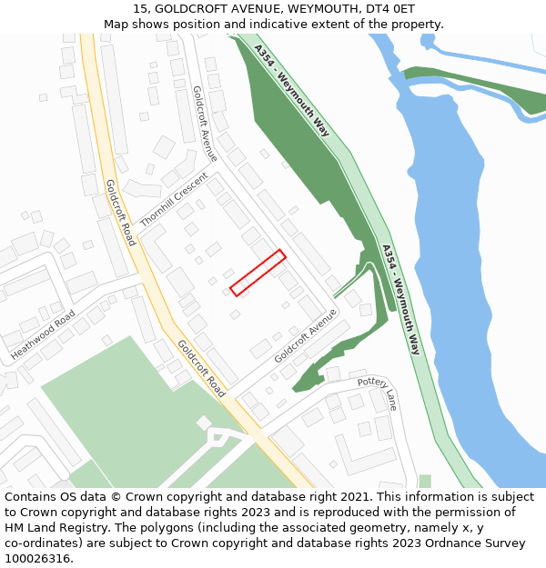 15, GOLDCROFT AVENUE, WEYMOUTH, DT4 0ET: Location map and indicative extent of plot