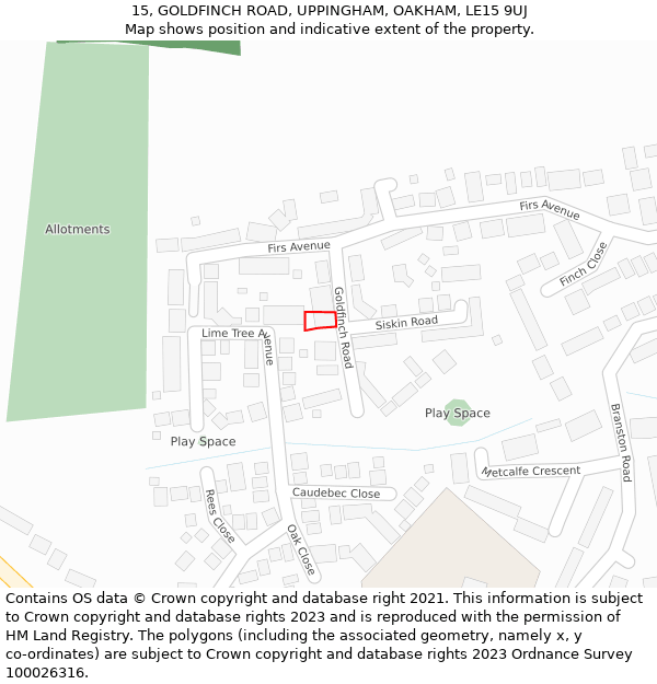 15, GOLDFINCH ROAD, UPPINGHAM, OAKHAM, LE15 9UJ: Location map and indicative extent of plot