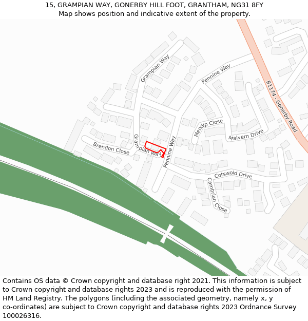 15, GRAMPIAN WAY, GONERBY HILL FOOT, GRANTHAM, NG31 8FY: Location map and indicative extent of plot