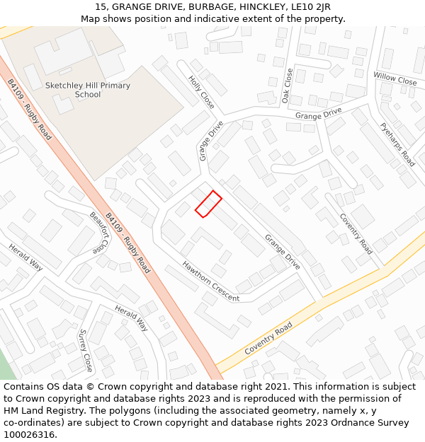 15, GRANGE DRIVE, BURBAGE, HINCKLEY, LE10 2JR: Location map and indicative extent of plot