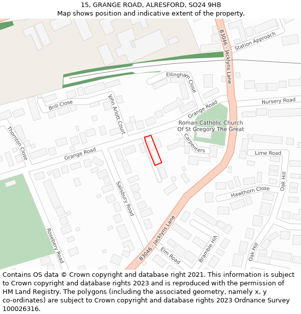 15, GRANGE ROAD, ALRESFORD, SO24 9HB: Location map and indicative extent of plot