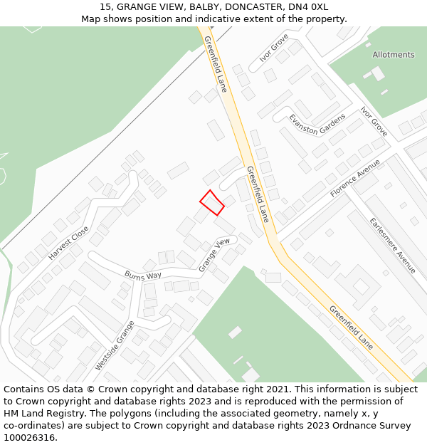 15, GRANGE VIEW, BALBY, DONCASTER, DN4 0XL: Location map and indicative extent of plot