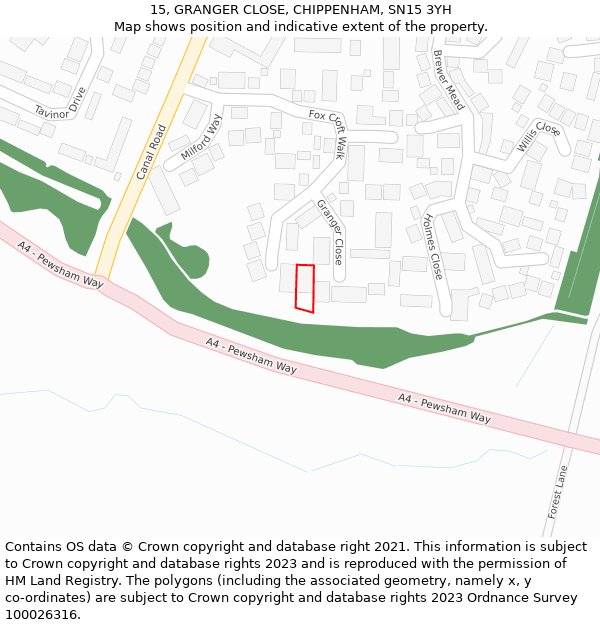 15, GRANGER CLOSE, CHIPPENHAM, SN15 3YH: Location map and indicative extent of plot