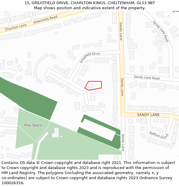 15, GREATFIELD DRIVE, CHARLTON KINGS, CHELTENHAM, GL53 9BT: Location map and indicative extent of plot