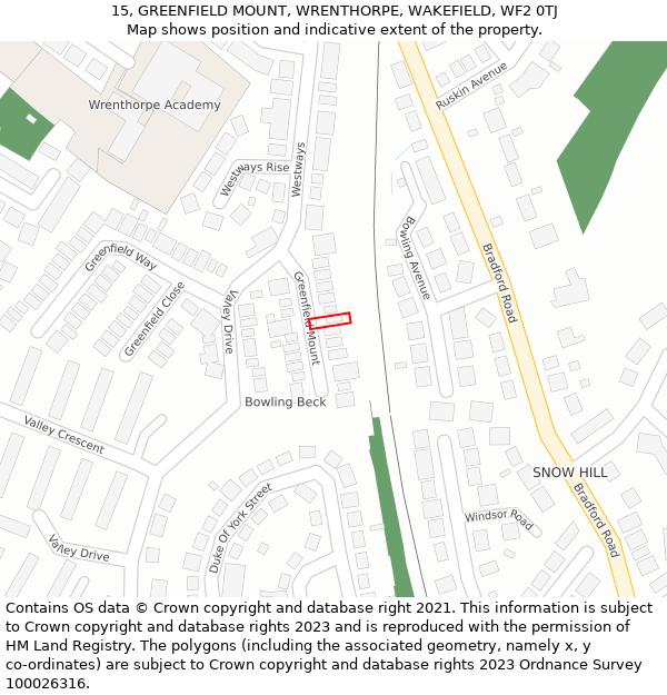 15, GREENFIELD MOUNT, WRENTHORPE, WAKEFIELD, WF2 0TJ: Location map and indicative extent of plot