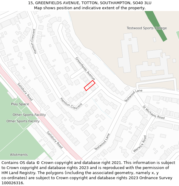 15, GREENFIELDS AVENUE, TOTTON, SOUTHAMPTON, SO40 3LU: Location map and indicative extent of plot