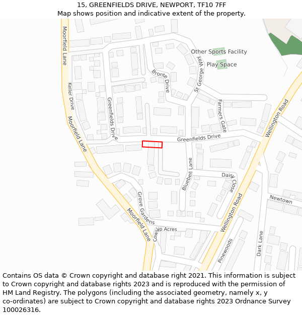 15, GREENFIELDS DRIVE, NEWPORT, TF10 7FF: Location map and indicative extent of plot