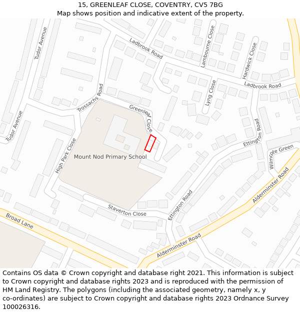 15, GREENLEAF CLOSE, COVENTRY, CV5 7BG: Location map and indicative extent of plot