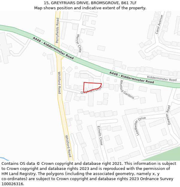 15, GREYFRIARS DRIVE, BROMSGROVE, B61 7LF: Location map and indicative extent of plot
