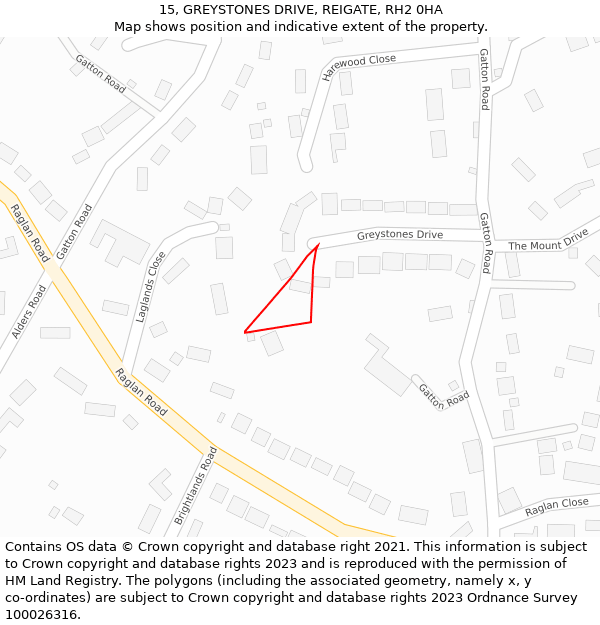 15, GREYSTONES DRIVE, REIGATE, RH2 0HA: Location map and indicative extent of plot