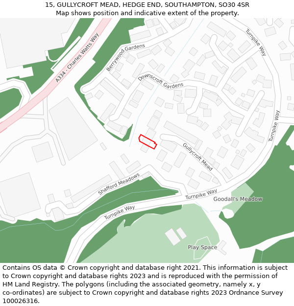 15, GULLYCROFT MEAD, HEDGE END, SOUTHAMPTON, SO30 4SR: Location map and indicative extent of plot