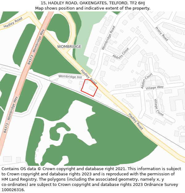 15, HADLEY ROAD, OAKENGATES, TELFORD, TF2 6HJ: Location map and indicative extent of plot