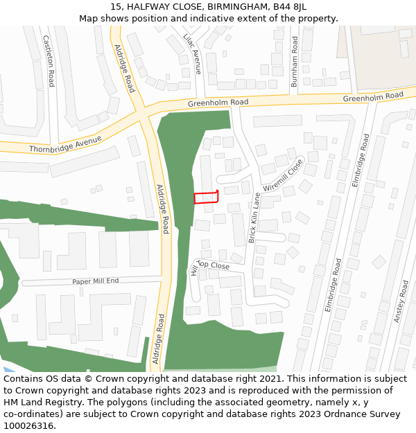 15, HALFWAY CLOSE, BIRMINGHAM, B44 8JL: Location map and indicative extent of plot