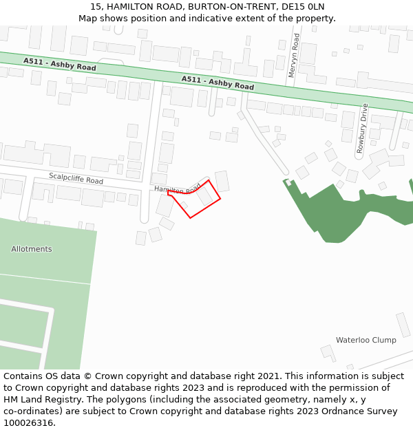 15, HAMILTON ROAD, BURTON-ON-TRENT, DE15 0LN: Location map and indicative extent of plot