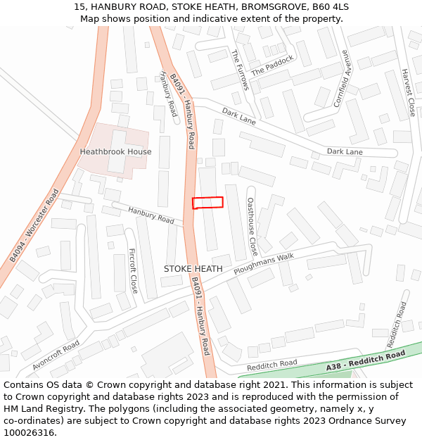 15, HANBURY ROAD, STOKE HEATH, BROMSGROVE, B60 4LS: Location map and indicative extent of plot