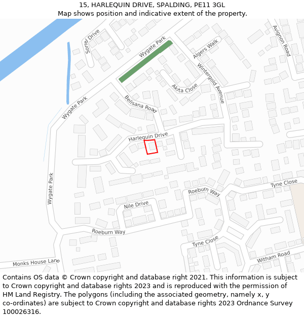 15, HARLEQUIN DRIVE, SPALDING, PE11 3GL: Location map and indicative extent of plot