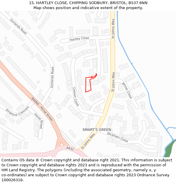 15, HARTLEY CLOSE, CHIPPING SODBURY, BRISTOL, BS37 6NN: Location map and indicative extent of plot