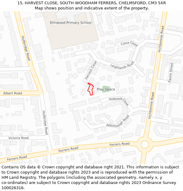 15, HARVEST CLOSE, SOUTH WOODHAM FERRERS, CHELMSFORD, CM3 5XR: Location map and indicative extent of plot