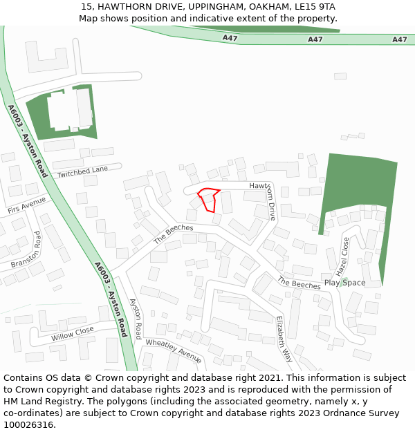15, HAWTHORN DRIVE, UPPINGHAM, OAKHAM, LE15 9TA: Location map and indicative extent of plot