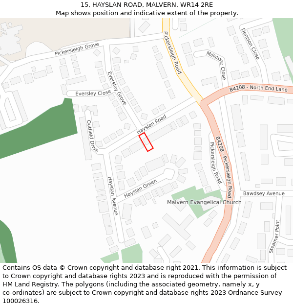 15, HAYSLAN ROAD, MALVERN, WR14 2RE: Location map and indicative extent of plot