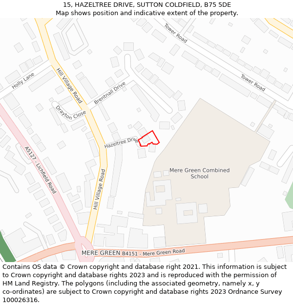 15, HAZELTREE DRIVE, SUTTON COLDFIELD, B75 5DE: Location map and indicative extent of plot