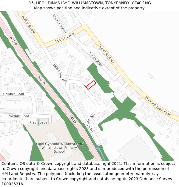 15, HEOL DINAS ISAF, WILLIAMSTOWN, TONYPANDY, CF40 1NG: Location map and indicative extent of plot