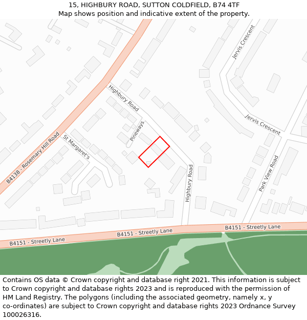 15, HIGHBURY ROAD, SUTTON COLDFIELD, B74 4TF: Location map and indicative extent of plot