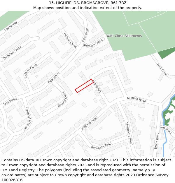15, HIGHFIELDS, BROMSGROVE, B61 7BZ: Location map and indicative extent of plot
