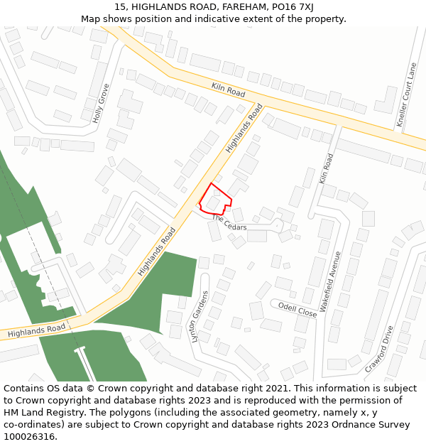 15, HIGHLANDS ROAD, FAREHAM, PO16 7XJ: Location map and indicative extent of plot