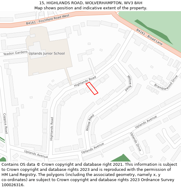 15, HIGHLANDS ROAD, WOLVERHAMPTON, WV3 8AH: Location map and indicative extent of plot