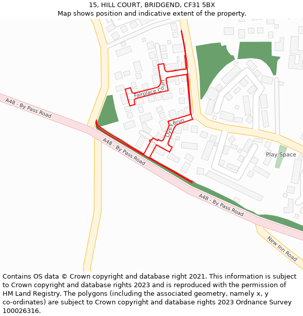 15, HILL COURT, BRIDGEND, CF31 5BX: Location map and indicative extent of plot