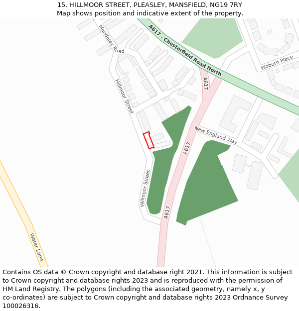 15, HILLMOOR STREET, PLEASLEY, MANSFIELD, NG19 7RY: Location map and indicative extent of plot