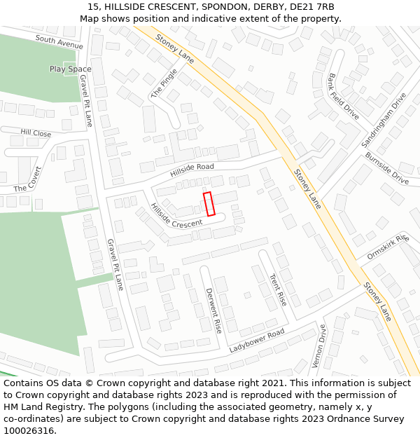 15, HILLSIDE CRESCENT, SPONDON, DERBY, DE21 7RB: Location map and indicative extent of plot