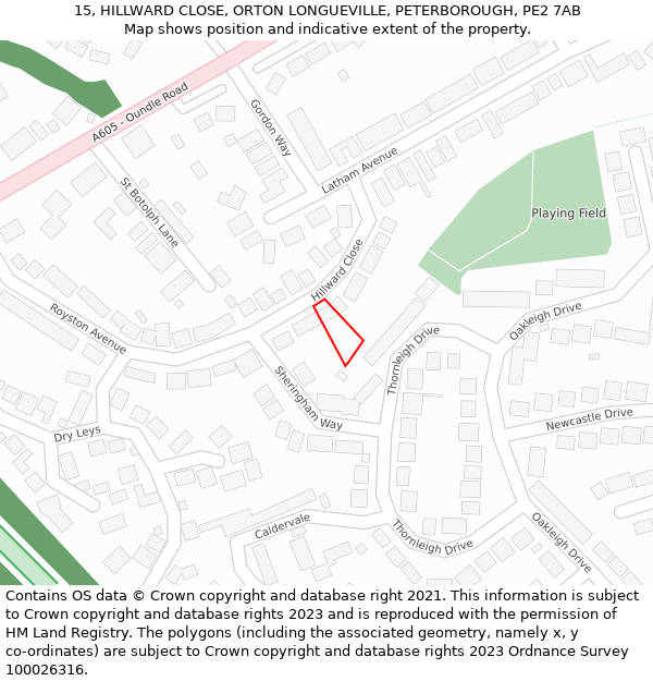 15, HILLWARD CLOSE, ORTON LONGUEVILLE, PETERBOROUGH, PE2 7AB: Location map and indicative extent of plot