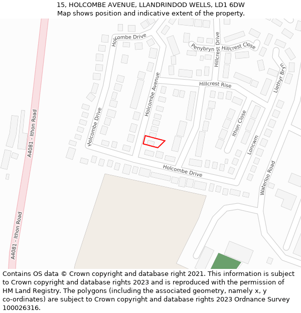 15, HOLCOMBE AVENUE, LLANDRINDOD WELLS, LD1 6DW: Location map and indicative extent of plot