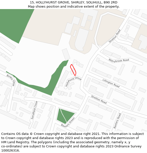 15, HOLLYHURST GROVE, SHIRLEY, SOLIHULL, B90 2RD: Location map and indicative extent of plot