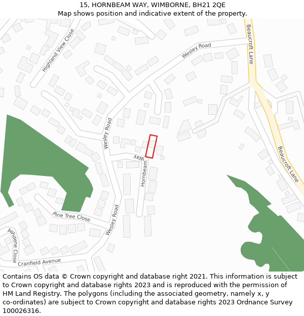 15, HORNBEAM WAY, WIMBORNE, BH21 2QE: Location map and indicative extent of plot