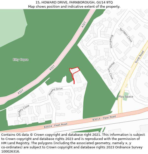 15, HOWARD DRIVE, FARNBOROUGH, GU14 9TQ: Location map and indicative extent of plot