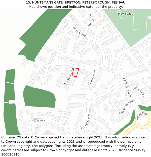 15, HUNTSMANS GATE, BRETTON, PETERBOROUGH, PE3 9AU: Location map and indicative extent of plot