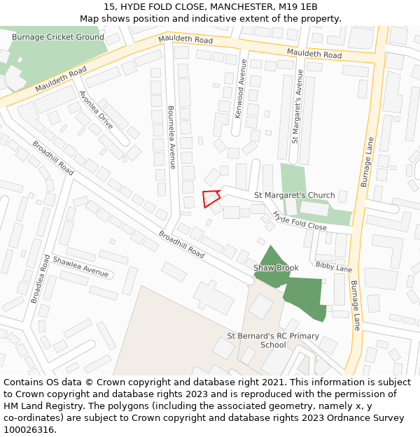 15, HYDE FOLD CLOSE, MANCHESTER, M19 1EB: Location map and indicative extent of plot